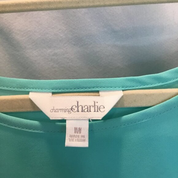 Charming Charlie Blouse Cold Shoulder Ruffled Short Sleeve Sz Medium Turquoise - Picture 5 of 5